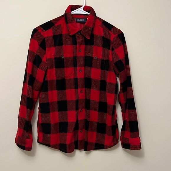 The Childrens Place size 10/12 boys red/black flannel plaid button up shirt. - Picture 1 of 5